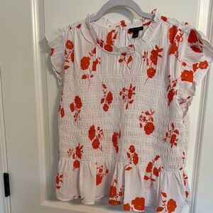 Ann Taylor White and Orange Flutter Sleeve Blouse with Peter Pan Collar
